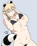  animal_ears araiguma-san areola_slip areolae bikini_lift black_bikini_top blonde_hair bottomless breast_lift breast_squeeze breasts dated expressionless huge_breasts micro_bikini_top navel nipples one_breast_out original pubic_hair raccoon_ears raccoon_tail red_eyes short_hair solo sweat tail tsukudani_(coke-buta) undressing 