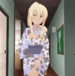  blonde_hair highres japanese_clothes kimono ponytail screencap skirt skirt_lift stitched sunohara_nana sunoharasou_no_kanrinin-san tan third-party_edit yellow_eyes yukata 