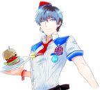  315diner badge button_badge employee_uniform food garrison_cap hamburger hat headset idolmaster idolmaster_side-m looking_at_viewer male_focus pinstripe_pattern plate red_neckwear setsuo_(mosxsaito) short_sleeves smile solo striped takajou_kyouji tilted_headwear uniform upper_body waiter 