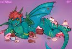  2018 5_fingers anthro cake cookie cupcake doughnut dragon food gradient_background grey_sclera hair horn kaitycuddle lying male membranous_wings nude pie red_hair simple_background smile solo wings yellow_eyes 