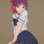  akagi_(fmttps) bangs blunt_bangs bow breasts choker gegege_no_kitarou hair_bow half-closed_eyes looking_at_viewer navel nekomusume nekomusume_(gegege_no_kitarou_6) pleated_skirt pointy_ears purple_hair red_bow school_uniform serafuku short_sleeves skirt smile solo yellow_eyes 