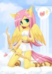  &lt;3 2017 5_fingers ? anthro anthrofied armor arrow belt blush bow_(weapon) bracers breasts clothed clothing cloud cupid equine eyebrows eyelashes feathered_wings feathers female fluttershy_(mlp) footwear friendship_is_magic hair hi_res holding_object holding_weapon howxu kneeling long_hair looking_at_viewer mammal my_little_pony outside patreon pegasus pink_hair portrait ranged_weapon sandals signature sky smile solo teal_eyes text url weapon wings yellow_feathers 