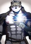  2018 5_fingers abs anthro bearlovestiger13 black_nose canine claws clothed clothing horkeukamui looking_at_viewer male mammal muscular muscular_male nipples pecs solo tokyo_afterschool_summoners topless tuft wolf 