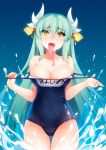  1girl :d aqua_hair areola_slip areolae bare_shoulders blue_swimsuit breasts cleavage collarbone commentary cowboy_shot dragon_horns english_commentary eyebrows_visible_through_hair eyes_visible_through_hair fangs fate/grand_order fate_(series) forked_tongue hair_between_eyes heart heart-shaped_pupils highres horns kiyohime_(fate/grand_order) large_breasts long_hair long_tongue looking_at_viewer name_tag open_mouth ricegnat saliva school_swimsuit smile solo swimsuit swimsuit_pull symbol-shaped_pupils teeth thigh_gap tongue tongue_out very_long_hair water yellow_eyes 