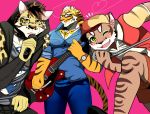  2018 anthro bearlovestiger13 cat clothed clothing clouded_leopard eyewear fangs feline fully_clothed fur glasses group hat hoodie likulau lin_hu male mammal muscular muscular_male nekojishi one_eye_closed open_mouth pants shu-chi striped_fur striped_tail stripes tattoo tiger 