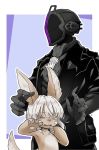  &gt;_&lt; 1other black_gloves black_jacket black_pants bondrewd closed_eyes commentary_request cravat furry gloves grey_neckwear helmet jacket long_sleeves made_in_abyss nanachi_(made_in_abyss) pants pouch purple_background standing topless usuki_(usukine1go) whiskers whistle 