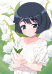  bangs bare_shoulders black_eyes black_hair casual closed_mouth commentary dress eyebrows_visible_through_hair flower girls_und_panzer holding holding_flower lily_of_the_valley looking_at_viewer off-shoulder_dress off_shoulder senzoc short_hair short_sleeves smile solo standing thick_eyebrows upper_body utsugi_yuuki white_background white_dress 