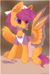  2018 clothed clothing cute ear_piercing equine eyelashes feathered_wings feathers female feral friendship_is_magic gear hair hat hi_res hiccupsdoesart hooves mammal metal mouth_hold my_little_pony orange_feathers overalls pegasus piercing prosthetic purple_eyes purple_hair scootaloo_(mlp) screw shirt short_hair simple_background sitting solo tools wings wrench 