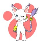  big_ears black_nose blue_eyes blush claws clothing digimon feline female flat_chested fur gatomon gloves hand_behind_head long_tail mammal nipples one_eye_closed pawpads paws pussy redbright_(artist) short_stack solo tail_ring tongue tongue_out whiskers white_fur wink 
