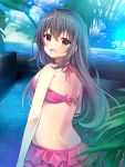  :d bangs bare_arms bare_shoulders bikini bikini_skirt blue_sky blush bow brown_hair cloud cloudy_sky commentary_request day eyebrows_visible_through_hair gradient_hair green_hair hair_between_eyes highres horizon long_hair looking_at_viewer looking_back minami_saki multicolored_hair ocean open_mouth original outdoors palm_tree red_bikini red_bow red_eyes sky smile solo standing swimsuit tree very_long_hair water 