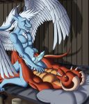  abdominal_bulge abs anal anal_penetration anthro balls big_penis blue_fur cowgirl_(disambiguation) dragon emeraldwing forked_tongue fur furred_dragon highborn horn male male/male muscular penetration penis red_scales scales scalie sweat tongue wings 