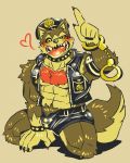  &lt;3 black_fur blush bulge canine dog doggiemonkey fur garmr handcuffs hat leather male mammal muscular muscular_male pecs pubes shackles sitting tokyo_afterschool_summoners tongue 