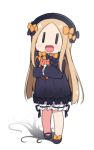  :d abigail_williams_(fate/grand_order) bangs black_bow black_dress black_hat blonde_hair bloomers bow chibi dress fate/grand_order fate_(series) forehead hat holding holding_stuffed_animal long_hair miyako_hito object_hug open_mouth orange_bow parted_bangs polka_dot polka_dot_bow sleeves_past_fingers sleeves_past_wrists smile solo stuffed_animal stuffed_toy teddy_bear underwear white_bloomers |_| 