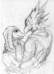  2018 anthro avian bird clothed clothing duo embrace eye_contact female greyscale gryphon lizard male monochrome reptile scalie scarf sketch wooy 