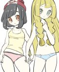  bare_shoulders beanie black_hair blonde_hair blue_bra blue_panties blush bra braid breasts chorimokki collarbone commentary_request cowboy_shot green_eyes groin hand_up hat holding_hands lillie_(pokemon) long_hair looking_at_another looking_at_viewer looking_to_the_side mizuki_(pokemon) multiple_girls navel orange_eyes panties parted_lips poke_ball_symbol poke_ball_theme pokemon pokemon_(game) pokemon_sm red_hat red_panties shiny shiny_hair shirt short_hair simple_background sketch sleeveless sleeveless_shirt small_breasts standing tied_hair twin_braids underwear underwear_only white_background yellow_shirt 