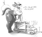 ?! anthro belt braixen breasts dialogue english_text female greyscale macro monochrome mostly_nude msvondran nintendo overweight overweight_female pok&eacute;mon pok&eacute;mon_(species) smile solo standing text thick_thighs truck vehicle video_games 