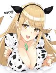  animal_print blonde_hair blush breasts cleavage commentary cow_print highres hikari_(xenoblade_2) horn j@ck large_breasts long_hair looking_at_viewer solo swimsuit xenoblade_(series) xenoblade_2 yellow_eyes 