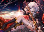  aqua_eyes benghuai_xueyuan boots chain clouds gray_hair long_hair ratise sky spear sunset theresa_apocalypse thighhighs torn_clothes weapon 