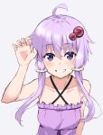  ahoge arm_up bangs bare_arms bare_shoulders blush breasts collarbone commentary_request criss-cross_halter dress eyebrows_visible_through_hair fingernails grey_background grin hair_between_eyes hair_ornament halterneck highres kohakope long_hair purple_dress purple_eyes purple_hair sidelocks simple_background small_breasts smile solo upper_body voiceroid yuzuki_yukari 