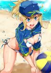  ahoge artoria_pendragon_(all) ball bangs baseball_cap bikini blonde_hair blue_eyes blue_hat blurry breasts collarbone commentary_request cropped_jacket day depth_of_field eyebrows_visible_through_hair fate/grand_order fate_(series) from_above hair_through_headwear hat hidebuu leaning_forward light_rays long_hair looking_at_viewer medium_breasts mysterious_heroine_xx_(foreigner) navel ocean open_mouth outdoors ponytail sand serious shrug_(clothing) side-tie_bikini skindentation solo standing sunlight sweat swimsuit thigh_strap thighs volleyball water white_bikini 