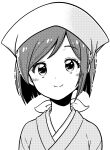  absurdres bangs blush greyscale hat highres japanese_clothes looking_at_viewer monochrome ohana_(tsukumogami) parted_bangs portrait short_hair smile solo tsukumogami_kashimasu white_hat ziburikito 