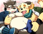  &lt;3 2018 5_fingers anthro bearlovestiger13 blush bulge canine claws clothed clothing cusith dog duo erection fangs licking male male/male mammal moritaka nipples open_mouth tokyo_afterschool_summoners tongue tongue_out 