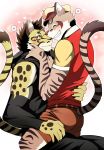  &lt;3 2018 anthro bearlovestiger13 belt blush cat claws clothed clothing clouded_leopard duo eyes_closed feline fully_clothed fur hat likulau male male/male mammal nekojishi shorts shu-chi spots spotted_fur striped_fur striped_tail stripes teeth 