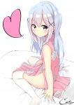  :3 :o artist_name bangs bare_arms bed_sheet blue_eyes blush bow breasts cac_itinose china_dress chinese_clothes commentary_request dress eyebrows_visible_through_hair floral_print from_side gochuumon_wa_usagi_desu_ka? groin hair_between_eyes hair_ornament heart highres kafuu_chino long_hair looking_at_viewer looking_to_the_side no_panties no_shoes on_bed parted_lips partial_commentary pelvic_curtain pink_dress print_dress rose_print side_slit sidelocks signature silver_hair sitting sleeveless sleeveless_dress small_breasts soles solo straight_hair thighhighs thighs turtleneck wariza white_background white_legwear x_hair_ornament 