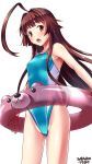  ahoge aqua_swimsuit artist_name brown_eyes brown_hair collarbone competition_swimsuit covered_navel cowboy_shot dated fang flat_chest highleg highleg_swimsuit highres huge_ahoge innertube kantai_collection kuma_(kantai_collection) long_hair looking_at_viewer one-piece_swimsuit open_mouth simple_background standing swimsuit tsuchimiya white_background 