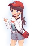  arm_up bag baseball_cap blue_eyes brown_hair commentary_request denim denim_shorts haaam hat jaws_(movie) long_hair low_twintails open_mouth original print_shirt shirt short_shorts shorts smile solo twintails waving white_shirt 