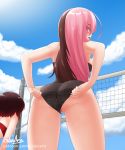  2girls ass beach bent_over bikini black_hair blue_sky blush breasts brown_hair cloud cslucaris long_hair looking_back multicolored_hair multiple_girls neo_(rwby) pink_eyes pink_hair pussy ruby_rose rwby sand short_hair sky standing summer swimsuit swimsuit_aside swimsuit_pull two-tone_hair volleyball watermark 