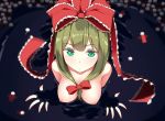  breasts closed_mouth collarbone commentary darkness eyebrows_visible_through_hair frilled_ribbon frills front_ponytail green_eyes green_hair hair_ribbon highres kagiyama_hina long_hair looking_at_viewer medium_breasts nipples nude pspmaru ribbon solo touhou 