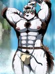  2018 abs anthro bearlovestiger13 black_nose blush bulge canine clothed clothing horkeukamui male mammal muscular muscular_male nipples one_eye_closed pecs solo tokyo_afterschool_summoners topless tuft wolf 