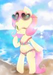  &lt;3 2018 beach bikini blush breasts camel_toe cleavage clothed clothing cloud cute cutie_mark detailed_background equine eyelashes eyewear female flat_chested fluttershy_(mlp) friendship_is_magic full-length_portrait green_eyes hair hi_res hooves looking_at_viewer mammal midriff my_little_pony navel one_eye_closed outside pacochan pink_hair portrait sand sea seaside semi-anthro signature sky smile solo standing sunglasses swimsuit water wink 