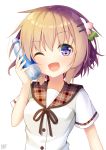  ;d artist_name bottle bottle_to_cheek commentary_request eyebrows_visible_through_hair gochuumon_wa_usagi_desu_ka? hair_ornament hairclip hoto_cocoa hoto_cocoa's_school_uniform light_brown_hair looking_at_viewer one_eye_closed open_mouth purple_eyes school_uniform serafuku short_hair short_sleeves signature simple_background smile solo upper_body white_background win_opz 