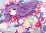  blue_bow blue_ribbon blush book bow braid breasts commentary_request crescent crescent_moon_pin eyebrows_visible_through_hair flower hat large_breasts leaf light_background looking_at_viewer magic open_book patchouli_knowledge purple_eyes purple_hair red_bow red_neckwear red_ribbon ribbon sanotsuki smile snowflakes sparkle touhou 