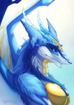  2018 anthro blue_eyes blue_fur blue_horn dragon feline female fur horn hybrid malakhael mammal ridged_horn sergal simple_background solo 