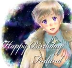  2boys axis_powers_hetalia birthday blonde_hair blush christmas clothes coat cross finland_(hetalia) hat highres looking_at_viewer male_focus military military_uniform multiple_boys night outdoors purple_eyes reindeer santa_claus short_hair smile snow snowing uniform 