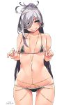  ahoge asashimo_(kantai_collection) bikini black_bikini commentary_request cowboy_shot dated flat_chest grey_eyes grin hair_over_one_eye happa_(cloverppd) jewelry kantai_collection long_hair looking_at_viewer lowleg lowleg_bikini micro_bikini ponytail signature silver_hair simple_background smile solo standing swimsuit thigh_gap white_background 