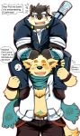  2017 anthro bearlovestiger13 black_nose blush canine clothed clothing cusith dog duo english_text eyes_closed fangs footwear fully_clothed male mammal moritaka muscular muscular_male open_mouth shoes teeth text tokyo_afterschool_summoners tuft 