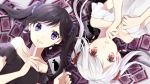  bare_shoulders black_hair black_shirt breasts card collarbone commentary_request fingernails hachimitsu_honey hair_ornament hair_scrunchie hands_up highres index_finger_raised jewelry joker long_hair medium_breasts multiple_girls off-shoulder_shirt original parted_lips playing_card purple_eyes purple_scrunchie red_eyes red_scrunchie ring scrunchie shirt silver_hair smile twintails white_shirt 