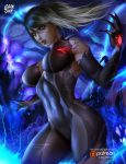  artist_name bangs bare_shoulders black_bodysuit black_hair black_nails blonde_hair blue_eyes bodysuit breasts commentary covered_navel cowboy_shot dark_samus evil eyeshadow fingernails glowing gradient_hair groin hair_between_eyes hand_up highres large_breasts light_particles logan_cure long_fingernails long_hair looking_away makeup metroid metroid_prime multicolored_hair nail_polish navel parted_lips ponytail purple_lips samus_aran sharp_fingernails sidelocks skin_tight smile solo space swept_bangs veins watermark web_address 