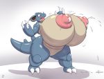  2018 absurd_res anthro areola badgerben big_breasts blush breasts english_text eyelashes female hi_res huge_breasts hyper hyper_breasts lactating milk nidoqueen nintendo nipples nude onomatopoeia open_mouth overweight overweight_female pok&eacute;mon pok&eacute;mon_(species) pok&eacute;morph simple_background solo sound_effects standing text thick_thighs video_games white_background 