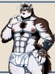  2018 5_fingers abs anthro bearlovestiger13 black_nose blush canine claws clothed clothing horkeukamui male mammal muscular muscular_male nipples pecs solo tokyo_afterschool_summoners topless wolf 