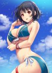  adapted_costume artist_name ass bangs bikini black_hair blue_bikini blush breasts cloud commentary_request day from_side front-tie_bra hand_on_own_cheek highres kantai_collection large_breasts lips looking_at_viewer messy_hair nail nail_polish open_mouth outdoors red_eyes red_nails sakiyamama short_hair side-tie_bikini sideboob sky solo sparkle swimsuit takao_(kantai_collection) twisted_torso underboob upper_body wet wet_clothes 