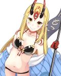  bare_shoulders bikini black_bikini blonde_hair blue_kimono blush breasts brown_eyes closed_mouth collarbone commentary_request facial_mark fate/grand_order fate_(series) forehead_mark groin highres ibaraki_douji_(fate/grand_order) ibaraki_douji_(swimsuit_lancer)_(fate) japanese_clothes kimono kiyomin long_hair long_sleeves looking_at_viewer navel off_shoulder pointy_ears shoulder_tattoo simple_background small_breasts smile solo swimsuit tattoo very_long_hair white_background wings 