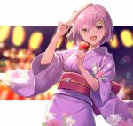  :d blush candy_apple eyebrows_visible_through_hair fate/grand_order fate_(series) food hair_ornament hairclip haru_(hiyori-kohal) japanese_clothes kimono long_sleeves looking_at_viewer mash_kyrielight obi open_mouth pink_hair purple_eyes sash short_hair smile solo wide_sleeves 