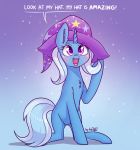  ! 2018 blue_background blue_hair blush chest_tuft cute dialogue dsp2003 english_text equine eyebrows eyelashes female feral friendship_is_magic fur gradient_background hair happy hat hi_res hooves horn inner_ear_fluff mammal multicolored_hair my_little_pony nude open_mouth open_smile portrait purple_eyes shadow signature simple_background smile solo speech_bubble star talking_to_viewer teeth text tongue trixie_(mlp) tuft two_tone_hair unicorn 