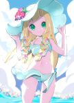  adjusting_headwear ass_visible_through_thighs bikini blonde_hair blue_flower blue_sky blush braid chorimokki cloud commentary_request day flower grass green_eyes hair_flower hair_ornament hands_up happy hat hat_flower lillie_(pokemon) long_hair looking_at_viewer navel outdoors pink_flower poke_ball_symbol pokemon pokemon_(anime) pokemon_sm_(anime) purple_flower shiny shiny_skin side_braid sky smile solo standing sun_hat swimsuit thigh_gap tied_hair twin_braids water white_bikini white_flower white_hat yellow_flower 