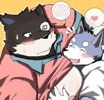  &lt;3 2015 anthro bearlovestiger13 black_nose blush canine cat duo eyes_closed feline himitsuri_no_lagoon male male/male mammal muscular muscular_male nipples open_mouth seiya teeth wolf yamato_(character) 